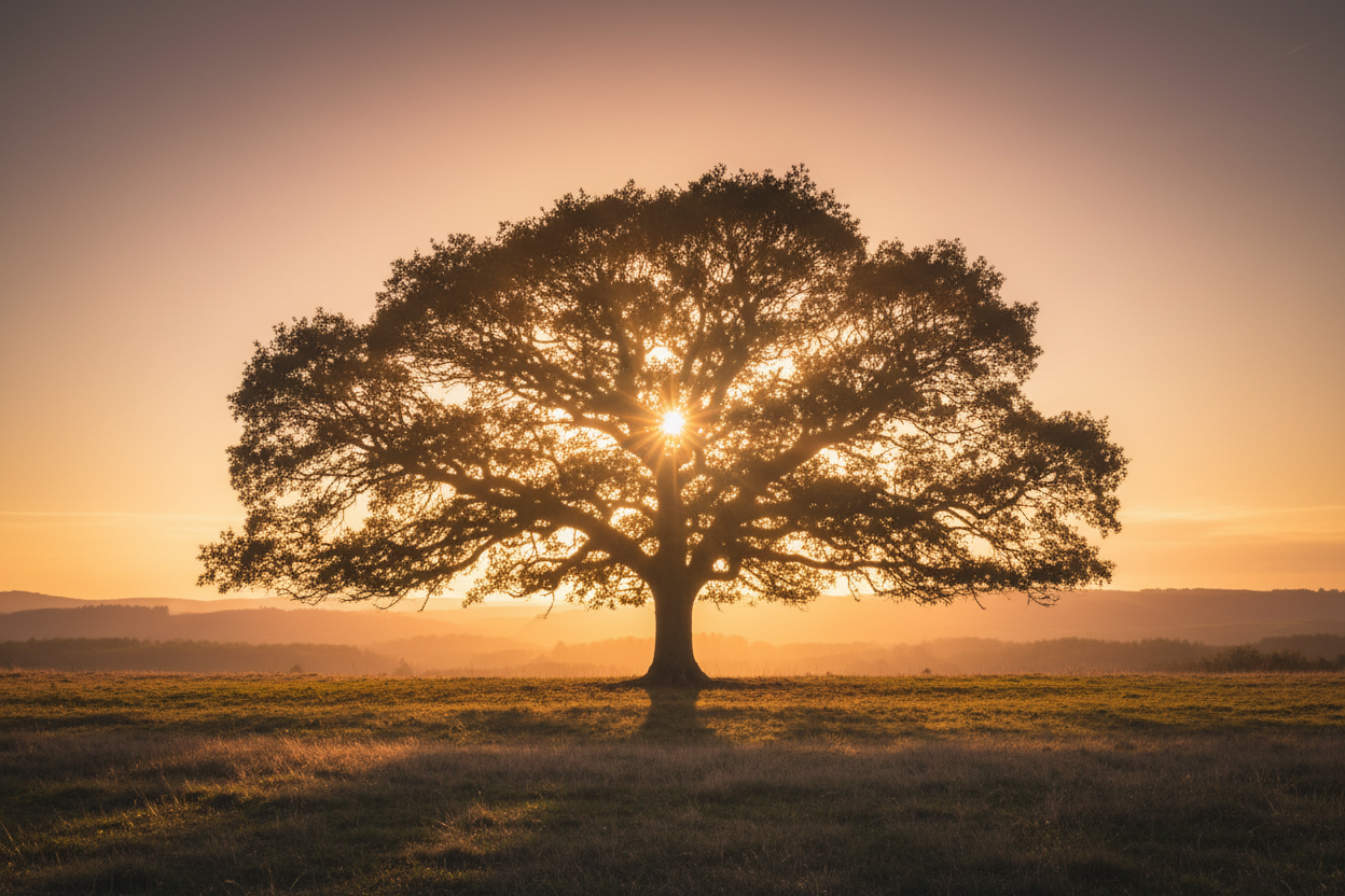 a tree growing in the sunset